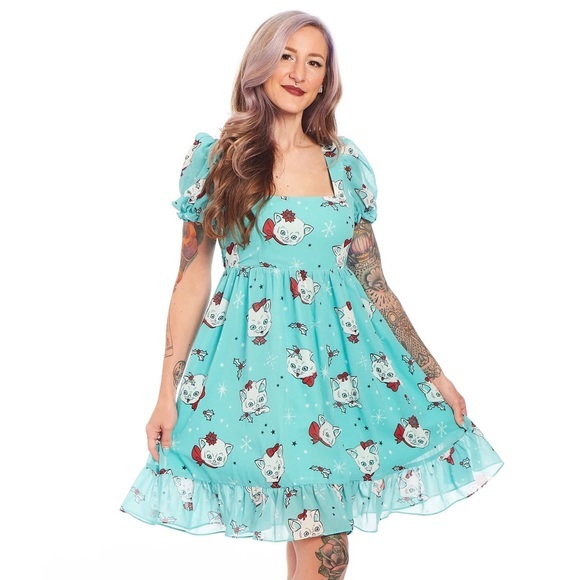 Sourpuss Christmas Kitties Women’s Cream Puff Dress Ice Blue New - Picture 2 of 11
